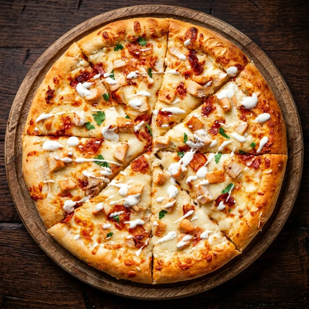 Chicken Bacon Ranch Pizza at Next Level Pizza Medicine Hat – tender chicken, crispy bacon, ranch sauce